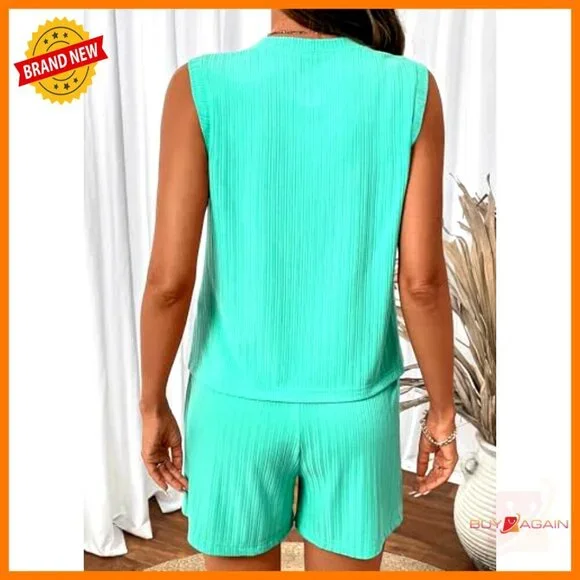 Summer Two Piece Set V-Neck Sleeveless Top Drawstring Shorts Casual Travel - Picture 5 of 7